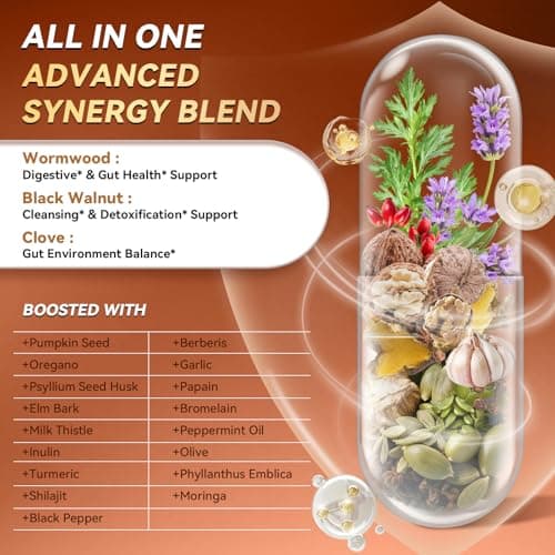 20 in 1 Wormwood Black Walnut Clove Cleanse for Humans Capsules, Natural Gut Detox & Digestive Health, Pumpkin Seed, Berberine, 10:1 Ultra-Concentrated Liposomal Tech 98% Absorption, Vegan 60 CT - Thumbnail 4