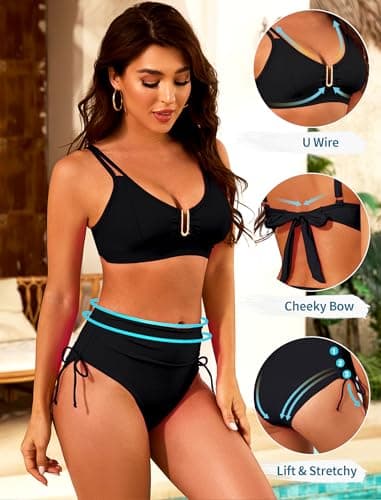 Nillocco 2 Piece Swim Suits for Women 2025 Swimsuits for Curvy Women High Waisted Bikini Sets U-Wire Cutout Tummy Control Bathing Suit Black Medium - Thumbnail 2