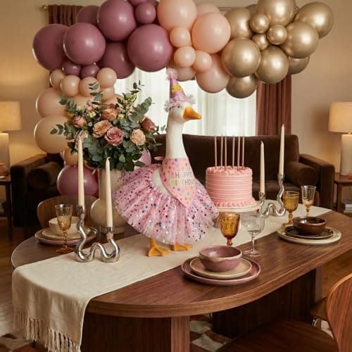 yuboo Pink Birthday Porch Goose Outfit, Tulle Skirt, Glitter Hat & Bandana Fits 17" to 23" Cement Plastic Lawn Geese Summer Garden Decor Statue Clothes - Thumbnail 6