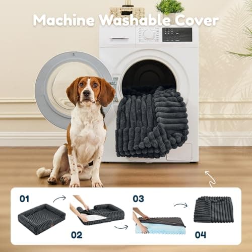 ChiXnuggle Orthopedic Dog Bed with Bolster Sides for Sleeping, Fluffy Plush Rectangular Dog Bed Medium Sized Dog, Luxury Striped Faux Fur Waterproof Dog Couch with Removable Washable Cover, Dark Grey - Thumbnail 6