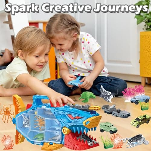 Frontoytall Shark Ocean Animal Toys Set with 18 Piece Sea Creatures & Transport Vehicles, Double-Side Storage + Portable Handle, Educational Bath Toys for Kids Ages 3-12 Years Old - Thumbnail 4
