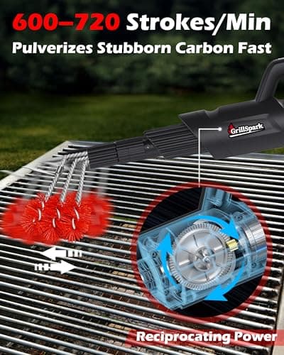 GrillSpark Electric Grill Brush – Reciprocating Motor Grill Cleaner (600/720 Strokes/min), 3 Interchangeable Brush Heads Including Bristle-Free Options, Ideal BBQ Gift for Dads & Grill Lovers - Thumbnail 4