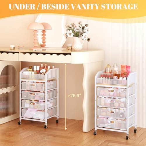 SUNALLY Makeup Organizer Cart with 4 Drawers, Rolling Makeup Storage Cart Metal Skincare Organizers, Large Vanity Storage Organizer Cosmetics Display Cases for Skin Care Perfume Nail Polish, White - Thumbnail 5
