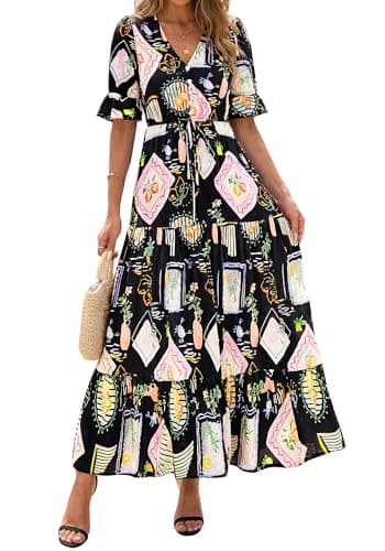 BTFBM Womens Summer Dresses 2026 Spring Casual Short Sleeve v Neck Boho Floral Flowy A-Line Tiered Maxi Dress Pockets(Floral Black Multi, X-Large) - Thumbnail 6