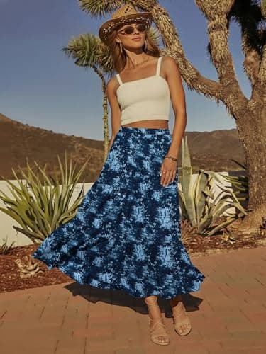 Magritta Womens Maxi Skirt Elastic High Waist Tiered A-Line Flowy Pleated Boho Indigo Tie-Dye Print Medium - Thumbnail 5