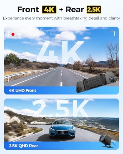 AZDOME 4K+2.5K Mirror Dash Cam with AR effects, ADAS, BSD & LCA Rear View Mirror Camera, 12" Rearview Mirror Camera, 5.8GHz WiFi, Voice Control, GPS, backup camera mirror Includes 64GB Card (PG17 Max) - Thumbnail 2