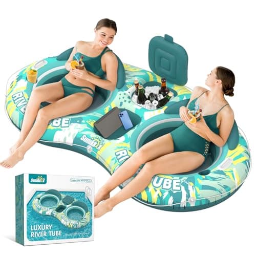 Sunikko X 5-in-1 Pool Floats Adult Heavy Duty River Tube, 2 Person Water Lounge Tanning Pool with Backrests, Built-in Cooler, Cup Holders, Deluxe Pool Toys for Summer Relaxation - Image 1