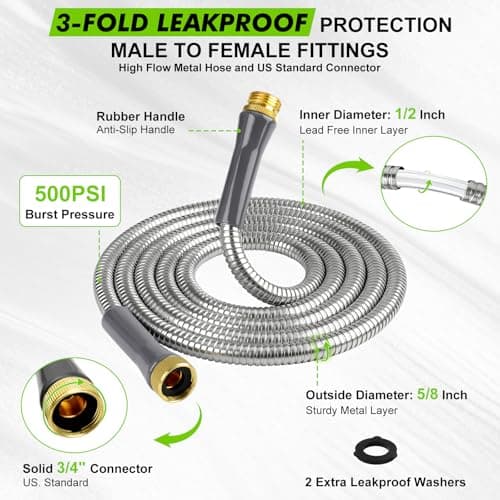 Stainless Steel Garden Hose 6ft, Short Metal Water Hose with 3/4" Male & Female Connectors, Kink-Free Leakproof Flexible Hose Extension Adapter Water Pipe Extender for Hose Reel,Yard,Lawn,RV,Outdoor - Thumbnail 5