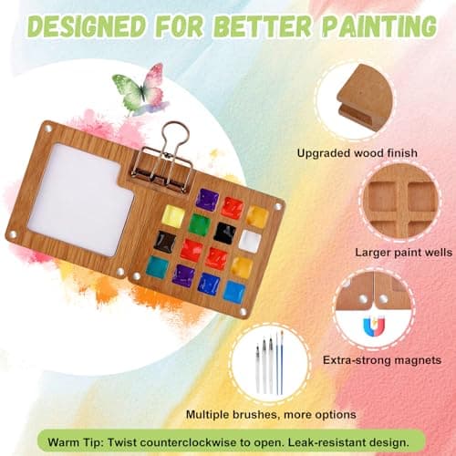 Watercolor Paint Set 12 Colors, 15-Compartment Mini Travel Watercolor Kit with 5 Brushes & Sketchbook, Portable Wooden Box with Color Storage Case for Plein Air & Urban Sketching - Thumbnail 2