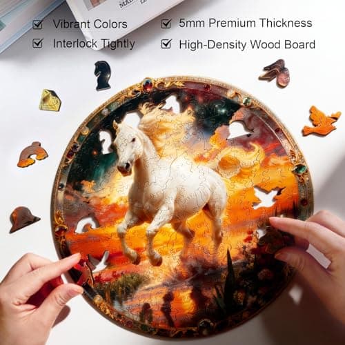 Wooden Puzzle for Adults, Sunset Horse Wooden Jigsaw Puzzle 200 Piece, Unique Shape Wooden Puzzles, Challenging Running White Horse Jigsaw Puzzles for Adults Family Game Night Wall Art Decor 11*11in - Thumbnail 3
