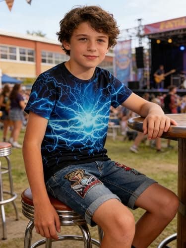 Funnycokid Boys Shirts Size 12 14 Neon Blue Girls Youth T-Shirts Lightning Clothes Tops Tees Graphic Short Sleeve Birthday Cool 13-14 Years - Thumbnail 2