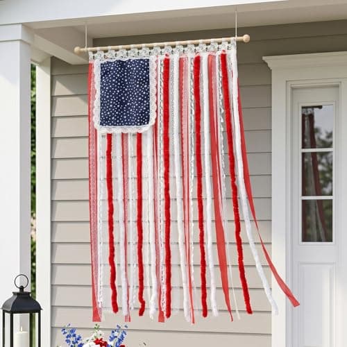 PUKUPIG 4th of July Decorations,2.1x4.1 Ft Patriotic Bunting Ribbon Banner, American Flag Wall Hanging with Lace for Front Door, Covered Porch, America's 250th