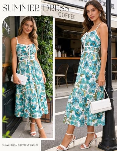 GRACE KARIN 2026 Women's Summer Maxi Floral Dress, Spaghetti Strap Tie Front Boho Sundress with Pockets, Green L - Thumbnail 3