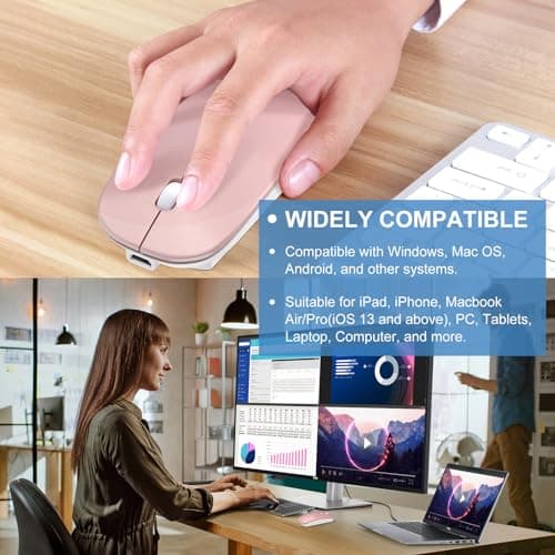 Bluetooth Wireless Mouse for MacBook Air Mac Pro Laptop Computer iPad Pad PC Laser Optical Rechargeable Mini Slim Silent Mouse Widely Used Desktop Hp iMac (Rose Gold) - Thumbnail 3