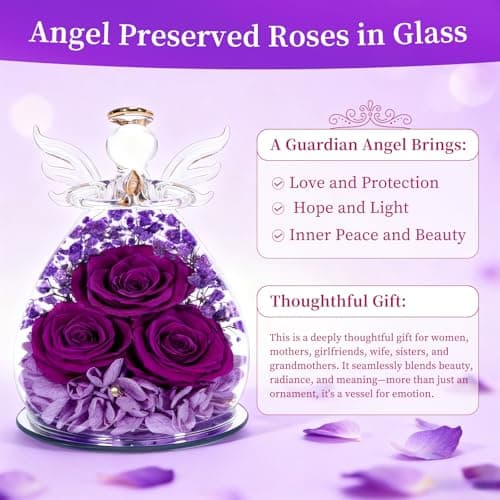 Puppiluv Preserved Rose Gifts for Women, Forever Flowers Eternal Roses in Glass Angel Figurines, Fresh Flowers for Delivery Prime, Birthday Gifts for Mom Her Wife Grandma on Anniversary, Pure Purple - Thumbnail 6