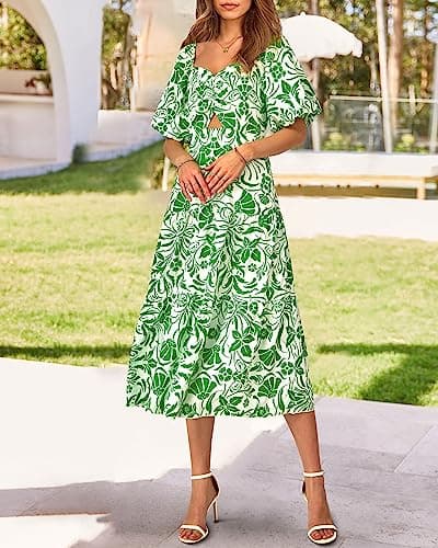 BTFBM Women's Clothing Spring Summer Dresses 2026 Beach Vacation Short Sleeve Smocked Back Boho Casual Floral Maxi Dress(Print Grass Green, Small) - Thumbnail 6