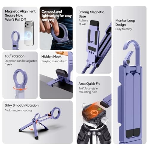 COMAN DP58 Magnetic Phone Tripod, Aluminum MagSafe Tripod Stand with Carabiner, Mini Portable Travel Pocket Stand for iPhone & Non-Magnetic Phones with Included Ring - Thumbnail 2