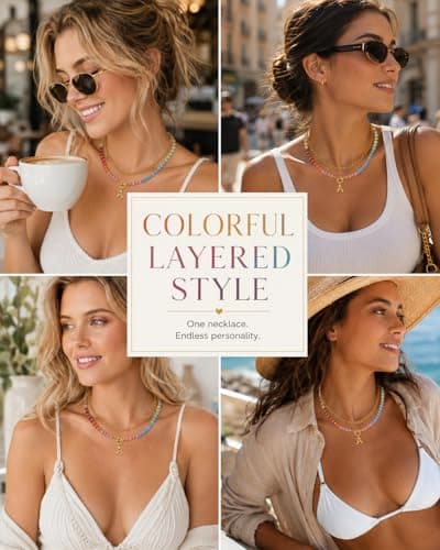 MIFYNN Colorful Beaded Necklace for Women Layered Trendy 14K Gold Plated Initial Chunky Chain Necklaces Rainbow Beads Choker Boho Summer Beach Jewelry (gold, C) - Thumbnail 5