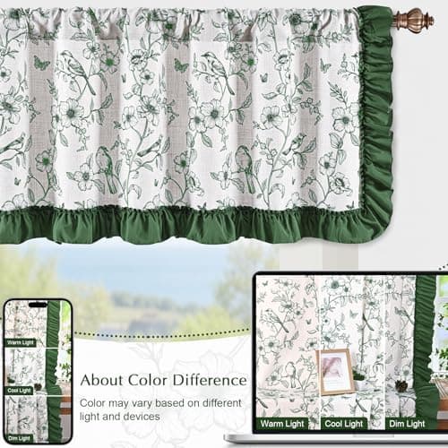 Yinhua Green Floral Valances for Windows with Ruffle, Farmhouse French Linen Window Valances Curtains, Light Filtering Rod Pocket Kitchen Curtains Valance for Living Room Bathroom, 52" W x 18" L - Thumbnail 6