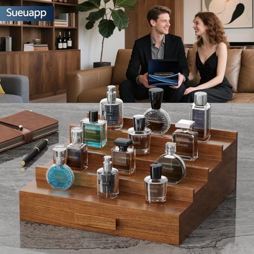 Sueuapp Cologne Organizer for Men,4 Tier Walnut Wood Cologne Stand,Cologne Shelf Display Holder with Hidden Storage and Drawer,Perfume Stand Organizer Great Gifts for Men - Thumbnail 4