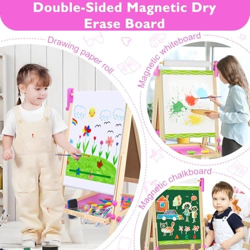 Adjustable Double-Sided Magnetic Wooden Easel for Kids with Paper Roll - Thumbnail 4
