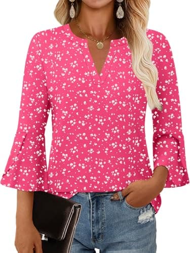 GKBK Women's Blouses Ruffle 3/4 Sleeve Dressy Top V Neck Casual Tunic Blouses Business Shirts Berry Pink XL - Image 1