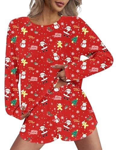 JUSTFASHIONNOW Womens Christmas Pajama Sets Long Sleeve Top and Split Shorts Holiday Lounge Set Loungewear Crew Neck Snowman Print Sleepwear Soft Pjs Xmas Winter Cute Outfits (Red, Small) - Thumbnail 2