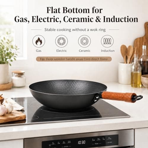 WANGYUANJI Carbon Steel Wok Pan with Lid, 12.6 Inch Flat Bottom Wok for Induction, Gas & Electric Stoves, Chinese Stir Fry Pan with Detachable Wooden Handle - Thumbnail 6