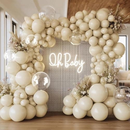 White Sand Balloons Double Stuffed White Beige Cream Ivory Balloons Clear Bobo Balloon Garland Arch Kit 18/12/5 Inch for Birthday Wedding Baby Shower Gender Reveal Party Decorations - Image 1