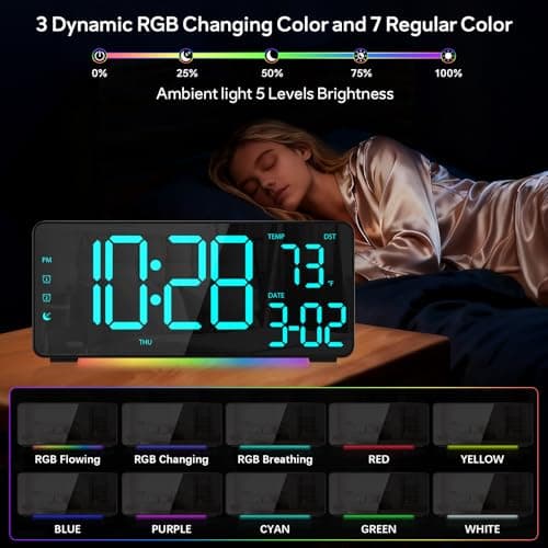 EVILTO Digital Alarm Clocks for Bedrooms, RGB Desk Clock with 15 Color Display, Date Temperature and Weekday, DST, Snooze, 2 Alarms, Ambient Lighting for Living Room, Bedside Office Gaming Desk Decor - Thumbnail 2