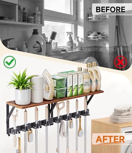 2Pack Broom Holder Wall Mount with Organizer Shelf, Space-Saving Broom and Mop Organizer Wall Hanging with 8 Broom Slots 10 Removable Hooks, Laundry Room Shelves for Laundry Room Garage Garden Closet - Thumbnail 2