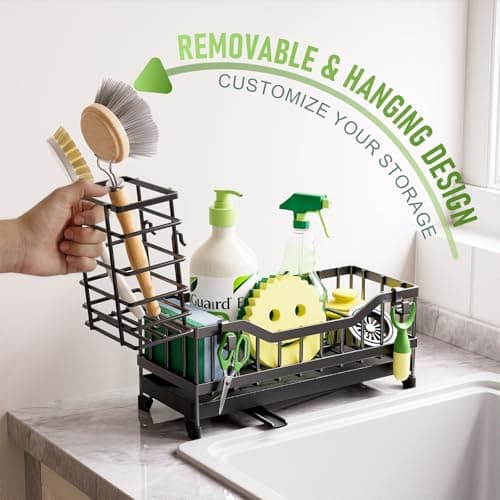 Sponge Holder for Kitchen Sink, Kitchen Sink Caddy with Long-Handled Dish Brushes Holder, 304 Rustproof Stainless Steel Countertop Organizers and Storage, Home Kitchen Sink Accessories (Black) - Thumbnail 5