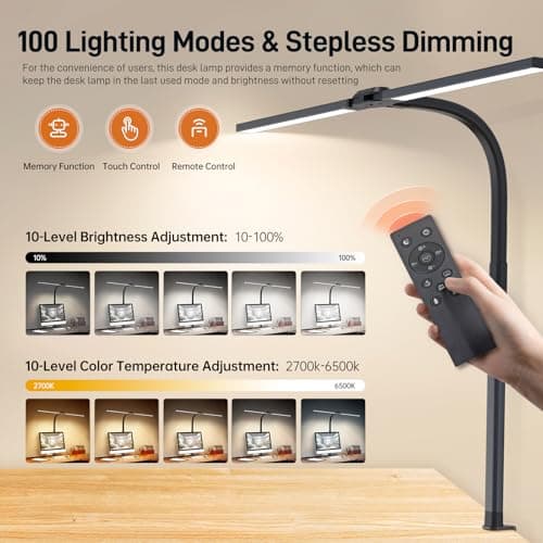 LED Desk Lamp for Home Office, Eye-Caring Desk Light with Clamp, 24W Double Head Architect Task Lamp Stepless Dimming, Flexible Gooseneck Bright Table Lamp for Study Reading Workbench Drafting - Thumbnail 3