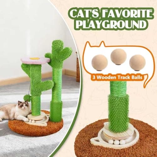 2026 New DIY 9+ Installation Styles 42" Cactus Cat Scratching Post with Self-Grooming Brush and Ball Toy | Modular Sisal Cat Scratching Post for Indoor Cats and Kittens, Customizable Cat Furniture - Thumbnail 4