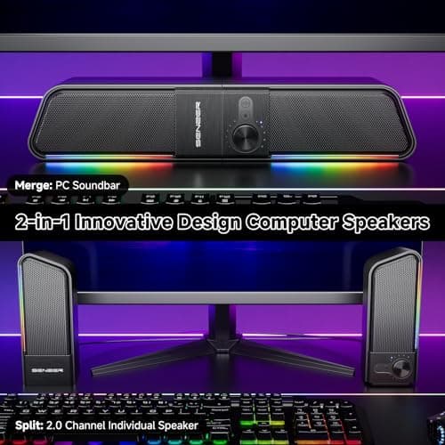 SENZER CS20 2 in 1 Bluetooth Computer Speakers for Desktop, USB Plug & Play Clear Sound PC Speakers with RGB Light, Monitor Sound Bar with Volume Knob, Gaming Speaker for PC Laptop Phone Tablet - Thumbnail 2