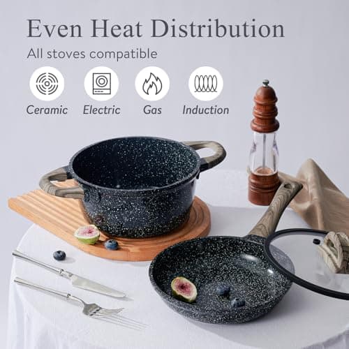 Pots and Pans Set Non Stick Non-Toxic 22 Pcs Ceramic Cookware Sets Nonstick Kitchen Pot&Pan With Lid Black Granite Induction Compatible with Glass Lids Crepe Frying Pan PFOA/PFOS-Free - Thumbnail 4