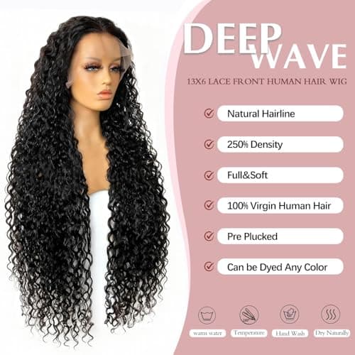 ROHANEM 32 Inch 250 Density Curly Wig Human Hair 13x6 Deep Wave Lace Front Wigs HumanHair Pre Plucked Virgin Remy Hair 5x Longer Lifespan HD Transparent Lace Frontal Wigs Natural Black - Thumbnail 2