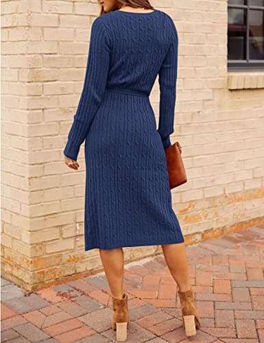 MEROKEETY Women's 2025 Fall Long Sleeve Bodycon Sweater Dress Winter V Neck Cable Knit Slit Midi Dresses, Navy, L - Thumbnail 4
