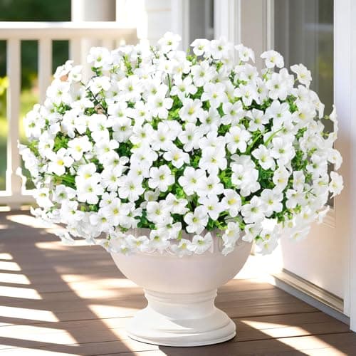 Yastouay Artificial Flowers for Outdoors, 24 Bundles Fake Outdoor Flowers, UV Resistant Artificial Petunias Fake Flowers, White Realistic Fake Plants for Porch Patio Garden Decor