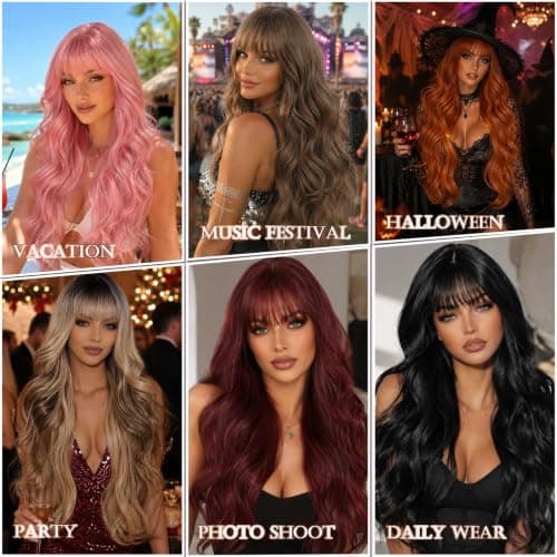 Barbique Synthetic Wig with Bangs, Pink Long Wavy Wig, Synthetic Hair, Heat Resistant Fiber, Natural Looking Glueless Ready to Wear for Work Party Daily Use Beginner Friendly - Thumbnail 6