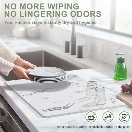 Vorisebo Large Stone Drying Mat for Kitchen Counter, 24" × 16" Diatomite Dish Drying Mat, Quick Dry Stone Mats, Ultra Absorbent Natural Diatomaceous Earth Mats for Dished, Bottles, White Marble - Thumbnail 2