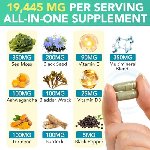 Sea Moss Black Seed Oil Ashwagandha Turmeric Bladderwrack Burdock Root Capsule with Chlorophyll,Elderberry,Manuka,Dandelion,Ginger,Vitamin C Vitamin D3,Immunity & Energy Support, 60 Counts - Thumbnail 2