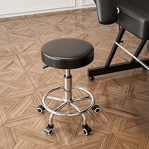 Icoget 360 Swivel Round Rolling Stool Chair, Height Adjustable Salon Shop Stool, Drafting Work SPA Medical Stools Office Chair with Wheels, Black - Thumbnail 2