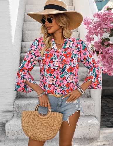 LOOKBOHO Boho Tops for Women 3/4 Sleeve Floral Blouses Casual Dressy Ruffle Sleeve Button V-Neck Business Shirts Pink L - Thumbnail 5