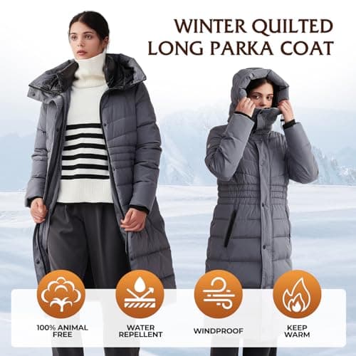 IKAZZ Winter Warm Long Coats, Women's Winter Windproof Down Quilted Outerwear, Thick Parka Design, Water-Repellent and Snow-Proof for Outdoor Adventures, Hooded Plus Size Puffer Jacket, Grey XXL - Thumbnail 2