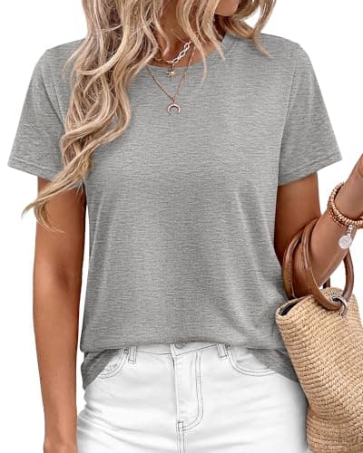 KIRUNDO Short Sleeve Tops for Women Summer Trendy Casual Crew Neck Plain T Shirts Soft Knit Basic Tunic Tees Fashion Clothing(Grey, Medium) - Image 1