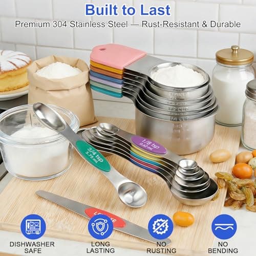 Magnetic Measuring Cups & Spoons Set, Strong N45 Magnets, Heavy Duty 304 Stainless Steel Fits in Spice Jars for Baking & Cooking, BPA Free, Round Set of 15 with Leveler, Light Colorful - Thumbnail 2