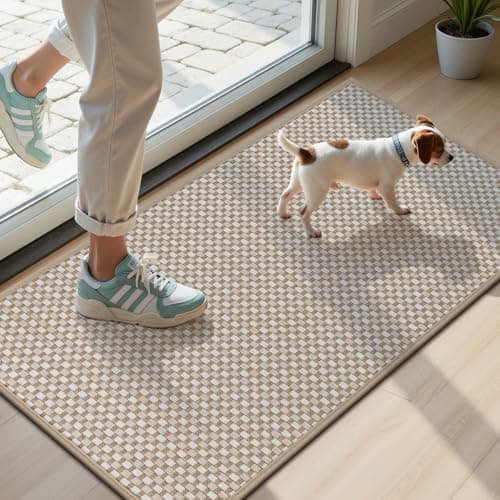 U'Artlines Door Mat 17"x29",Non Slip Rubber Backing Floor Mats, Absorbent Dirt Resistant Low-Profile Doormats, Front Door Mat for Indoor Outdoor Entry, Patio, Porch Beige
