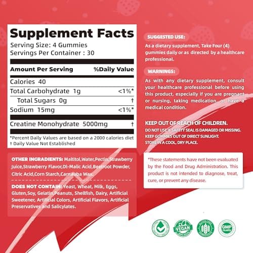 NSF Certified Creatine Gummy - Creatine Monohydrate Gummies 5000mg for Men & Women -120 Gummies Advanced Formula, Muscle Strength, Muscle Builder, Energy Boost, Pre-Workout Supplement-Strawberry - Thumbnail 2