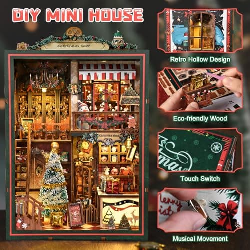 DIY Christmas Store Book Nook Kit, Miniature House with LED Light, 264pcs Wooden 3D Puzzles for Adults Teens, Bookshelf Decor Scale Model, Cultural Handmade Gift for Christmas & Book Lovers - Thumbnail 3
